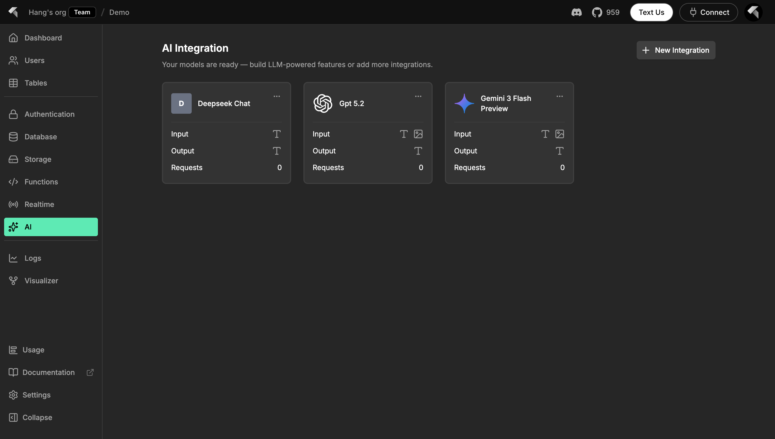 AI Integration dashboard with new models